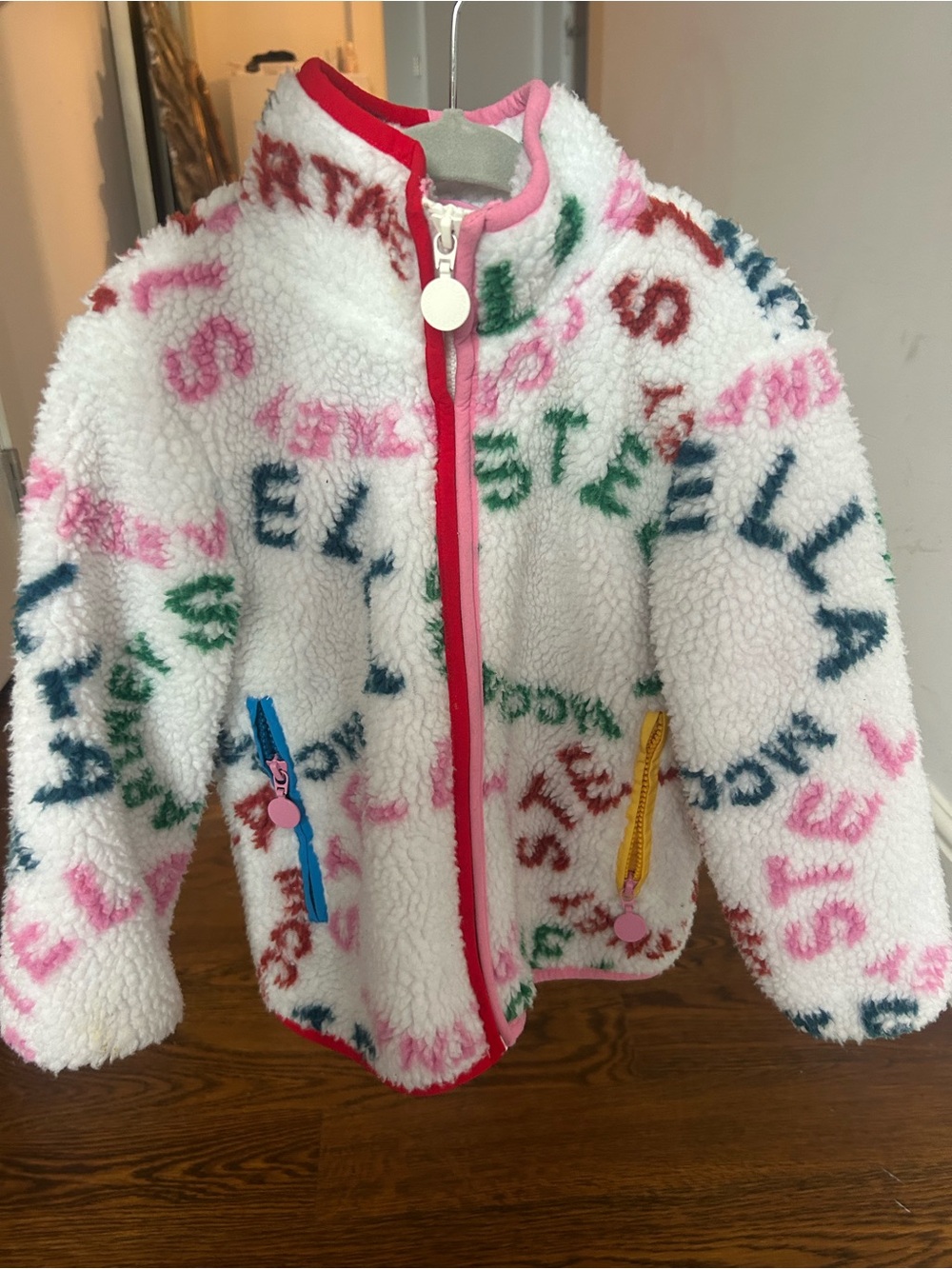 STELLA MCCARTNEY kids White Sherpa Jacket with Multicolor Logo Print